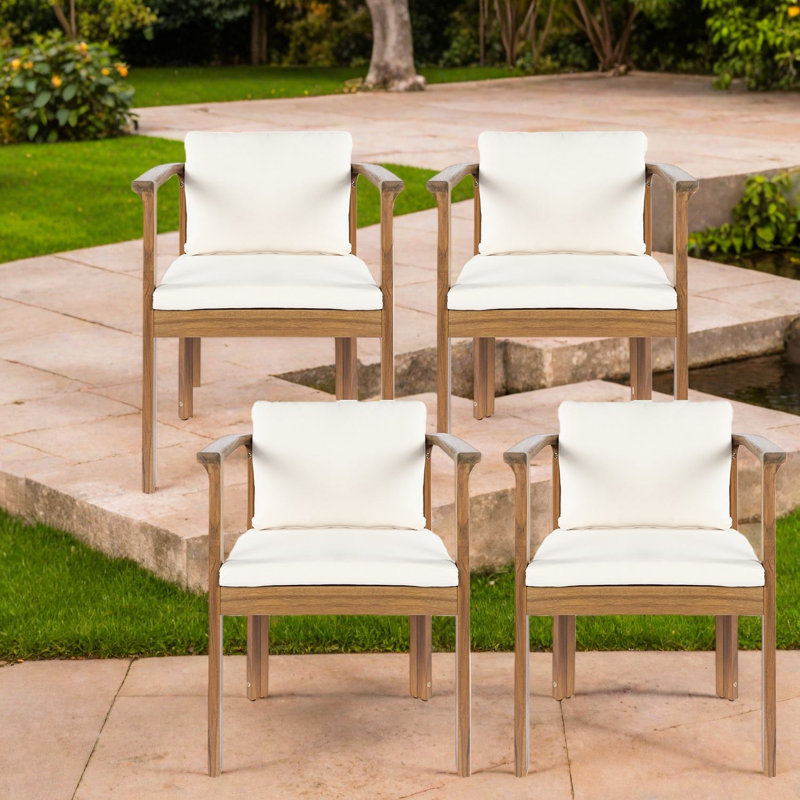 Ensemble de 4 chaises de patio modernes en bois d'acacia, coussins crème pour la salle à manger