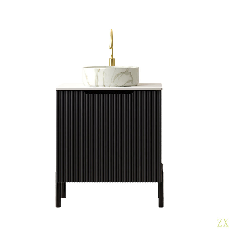 Meuble-lavabo de salle de bain 24 po avec lavabo, meuble-lavabo de salle de bain autoportant avec 2 portes rondes en céramique avec motif de pierre et comptoir Carrara
