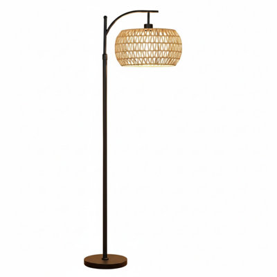 Lampe sur pied à arche pour salon Lampe sur pied en rotin Boho avec télécommande, lampe sur pied à DEL à intensité variable avec abat-jour en osier, lampe sur pied noire à 3 températures de couleur pour le coin de la chambre