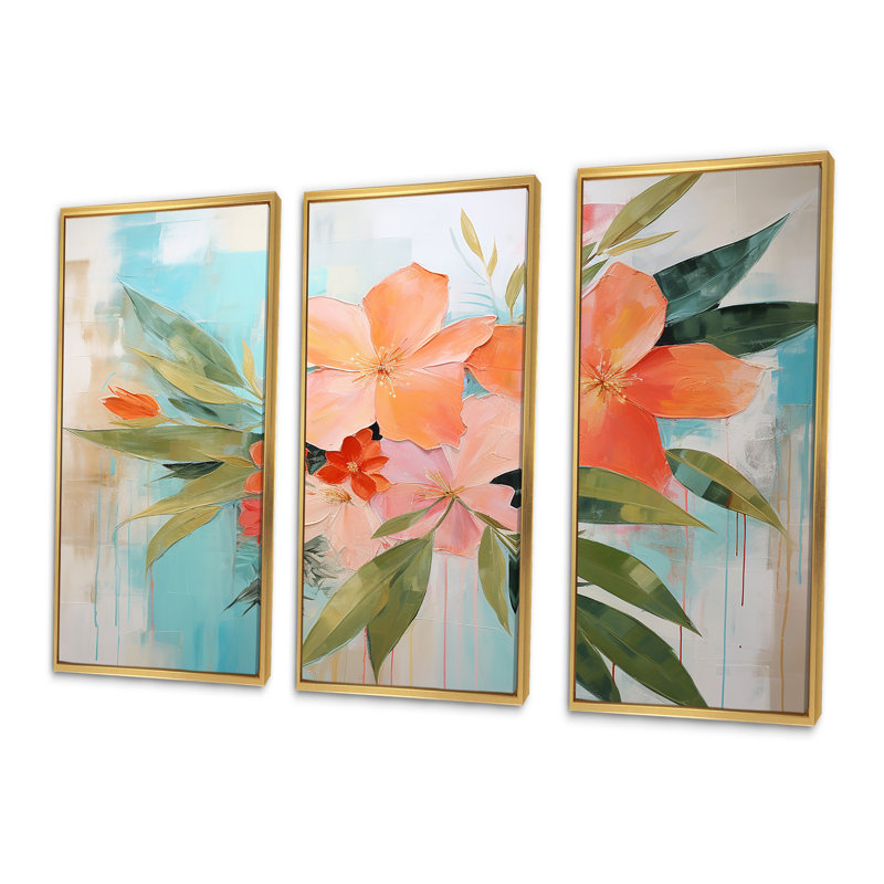 Art moderne moderne, fleurs tropicales roses et vertes - Collages abstraits, Cadre flottant doré, H 40 po x l 61 po x P 1 po