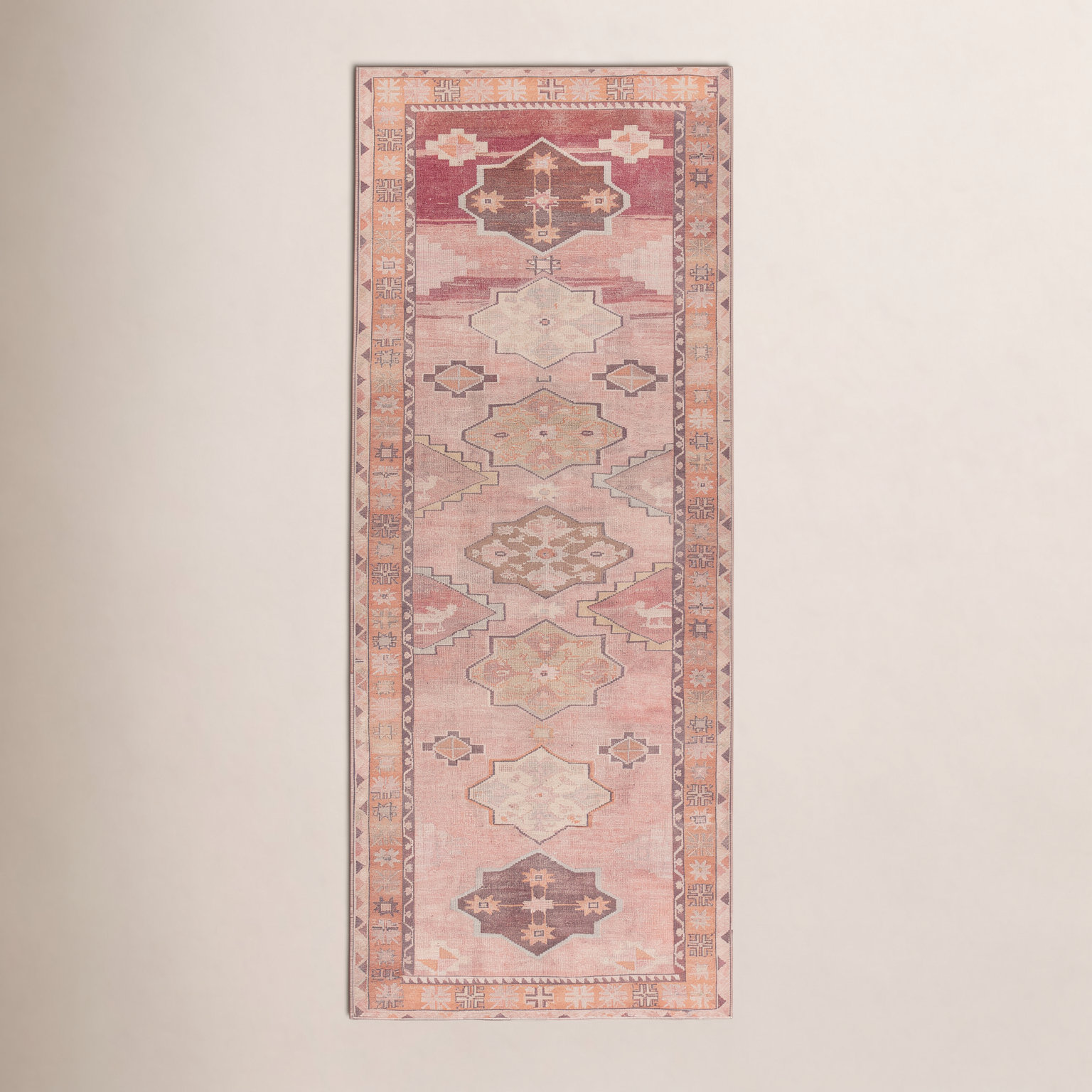 Orange Pink Brown Washable Oriental Rug, Runner 3' x 8'