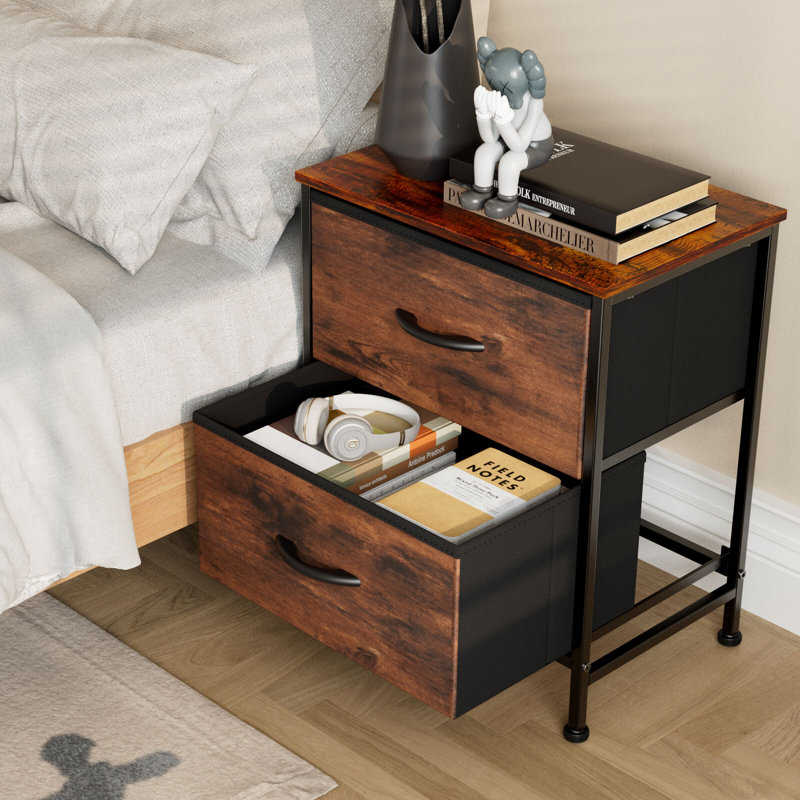 20" Height 2 Drawers Nightstand Bedside End Table with Metal Frame, Brown