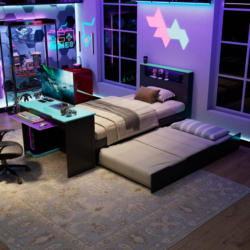 Wood Daybed With Trundle,Desk,LED Light And USB, Twin, Black/Blue