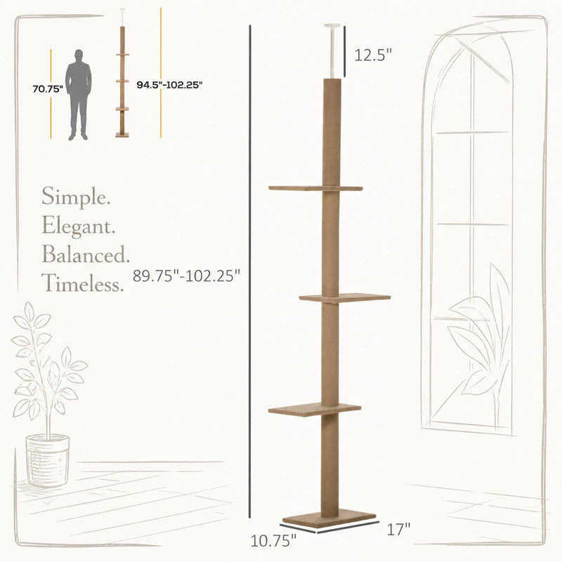 Arbre à chat PawHut réglable du sol au plafond avec poteaux à griffer en sisal et plateformes moelleuses pour un confort et un jeu optimaux pour votre chat.