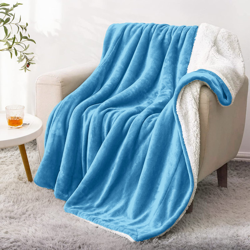 Sherpa Fleece Fur Thick Reversible Blanket Throw, Sky Blue, 150cm x 130cm