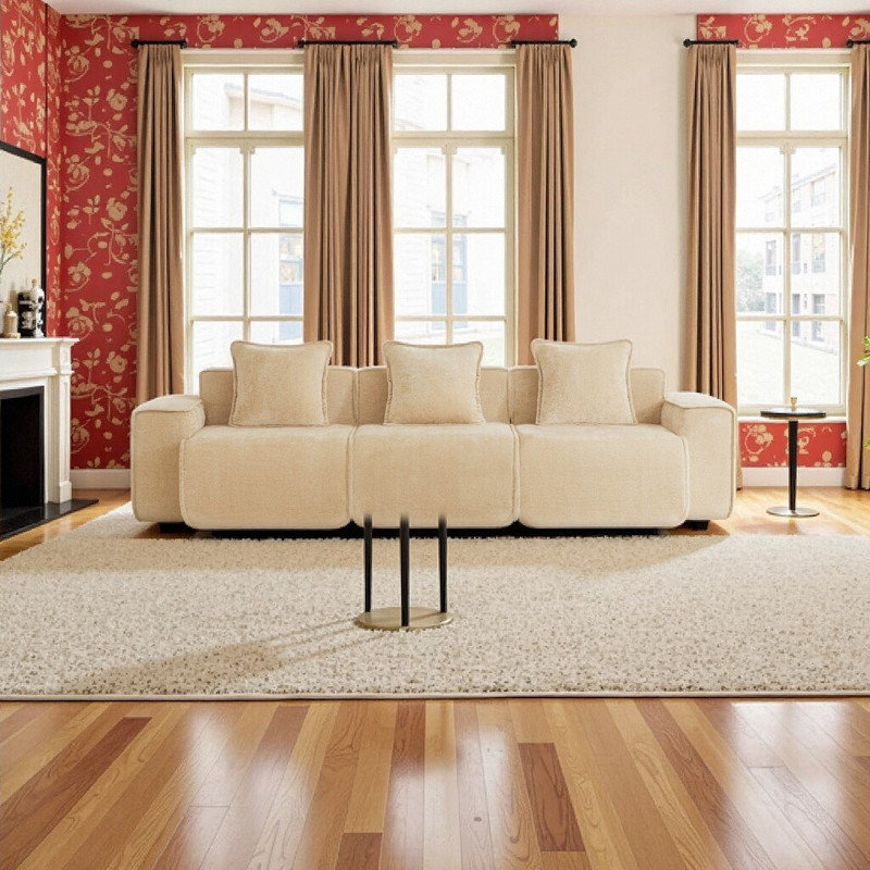 Canapé modulaire à 3 places avec passepoil à bordure française et coussins décoratifs en velours, Marron clair