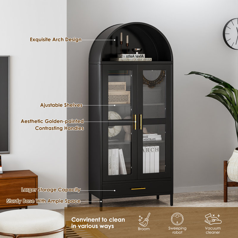 Black Metal Arched Cabinet With Glass Doors, Display Cabinet With Adjustable Shelves, Modern Arch Bookshelf With Drawer For Office, Kitchen, Pantry, Dining Room, Assembly Required,Black