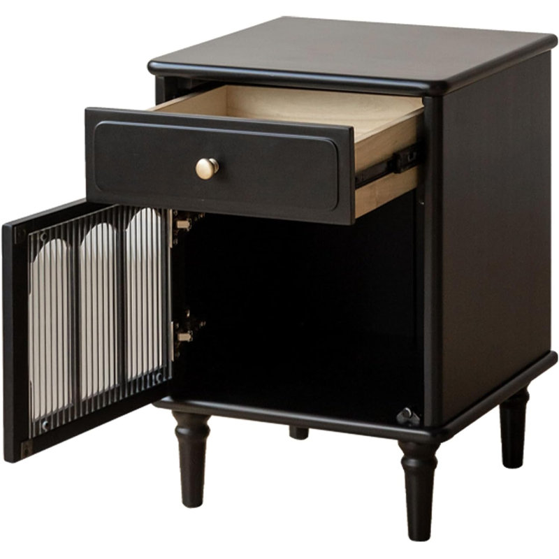 23"H Traditional Solid Wood Nightstand with Fluted Glass Door, Drawer-Left, Left Door, Black Walnut 