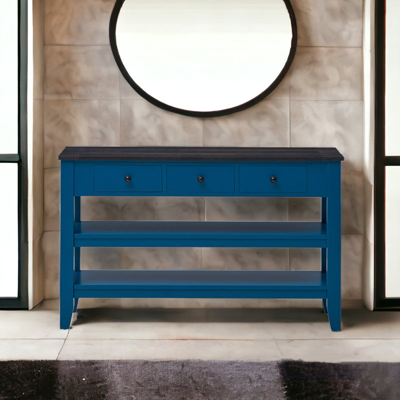 Console en bois massif 48,82 po Emer, Bleu marine, Brun foncé
