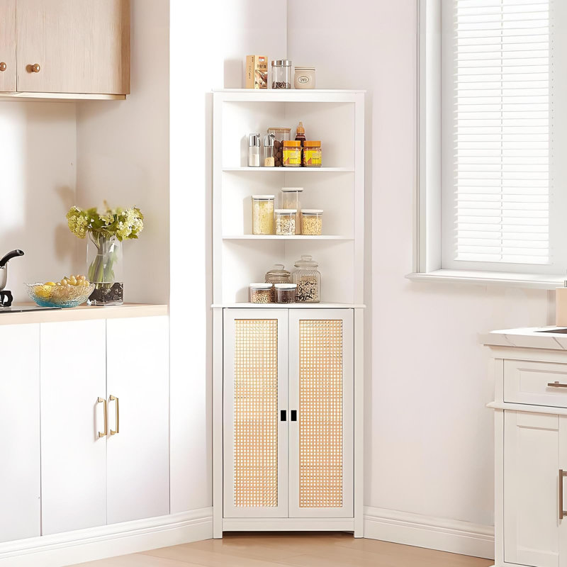 Armoire d'angle 63,8 po avec tablettes réglables, portes en rotin et rangement peu encombrant pour le salon