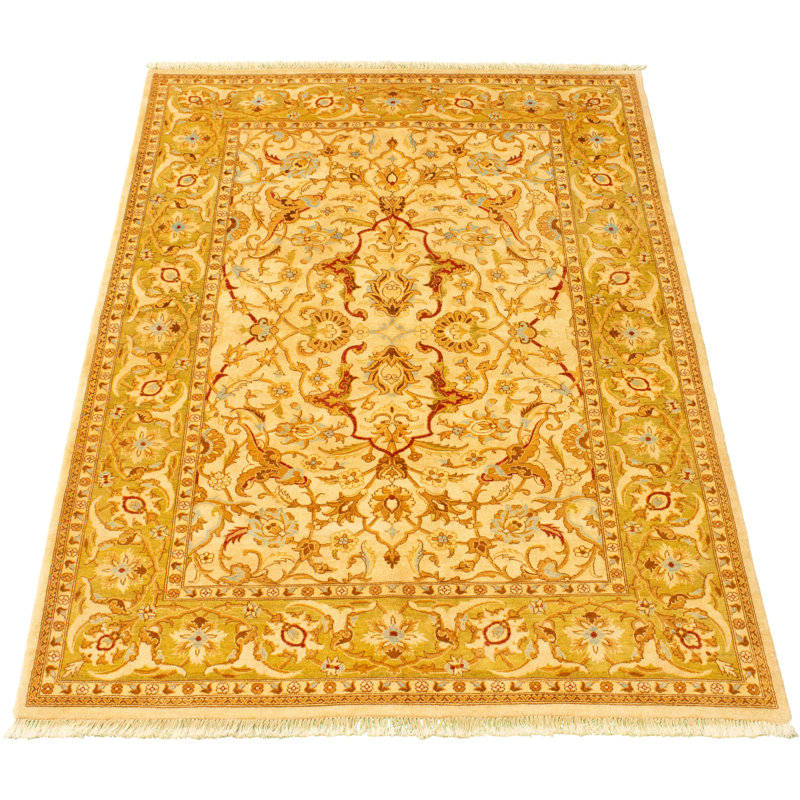 Tapis unique en laine noué à la main style nouvel âge Ushak 6 pi 1 po x 8 pi 10 po crème Yaak