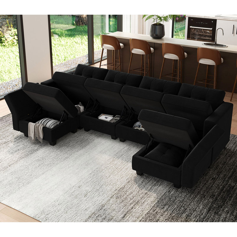 Canapé modulaire réversible en velours capitonné et large avec repose-pieds Buckleton, Velours noir