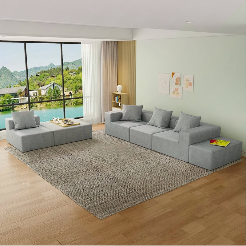 Ensemble de canapé modulaire convertible en microfibre gris, confortable et polyvalent pour les espaces de vie modernes
