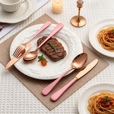 Rose Gold Pink 20 Piece Flatware Set for 4, 18/0 Stainless Steel Silverware Set with Dinner Knives, Dinner Forks, Dinner Spoons, Salad Forks, Teaspoons, Dishwasher Safe