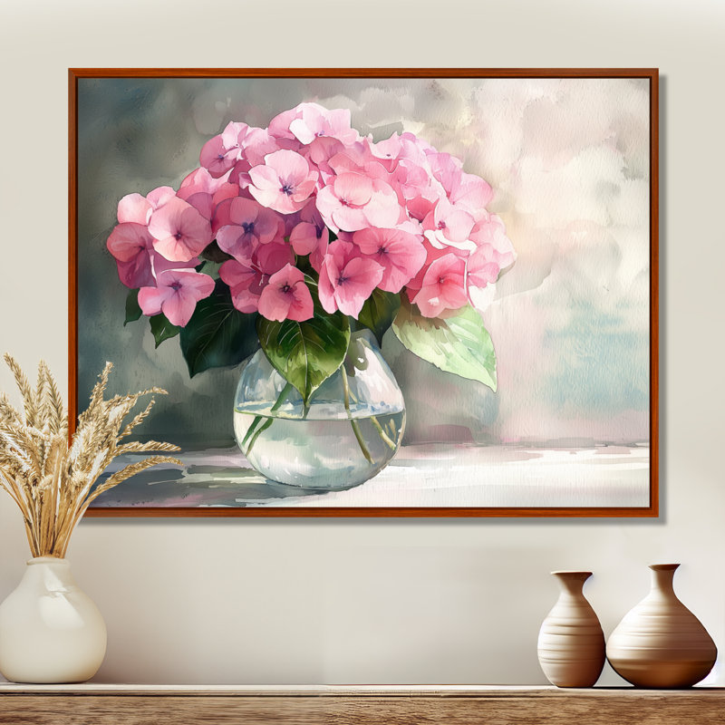 Hortensias dans un vase en verre III - hydrangées, décoration murale, H 30 po x l 40 po, Impression encadrée flottante, Brun