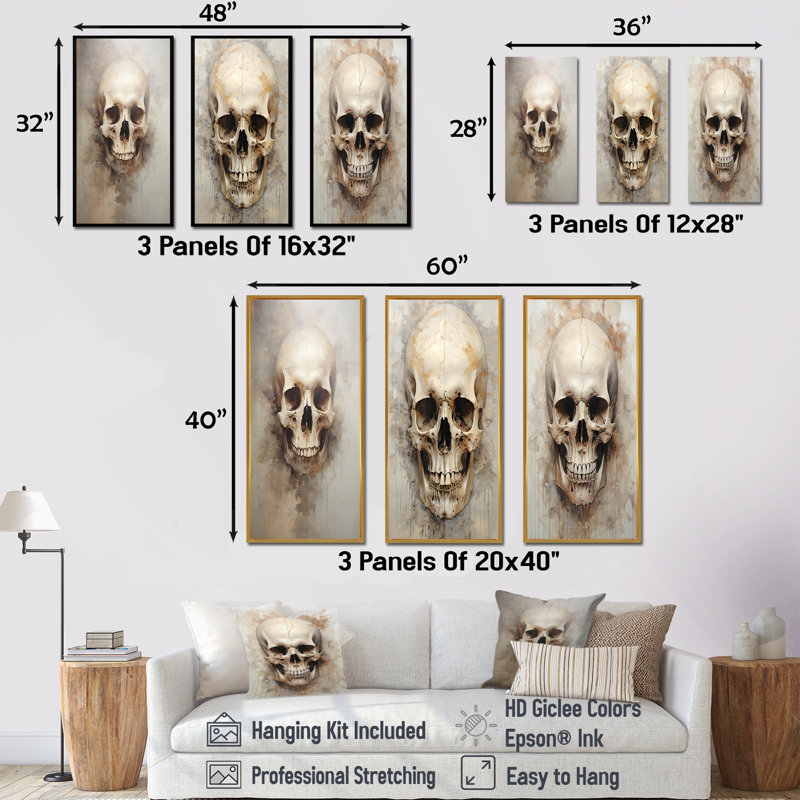 Ensemble de 3 décorations murales Skull S Resson, H 28 po x l 36 po, Cadre flottant brun