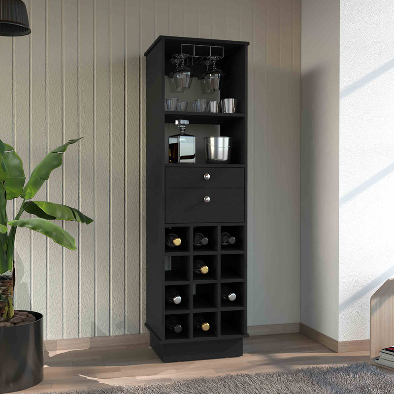 Armoire de bar classique, deux tiroirs, douze porte-bouteilles encastrés, Noir