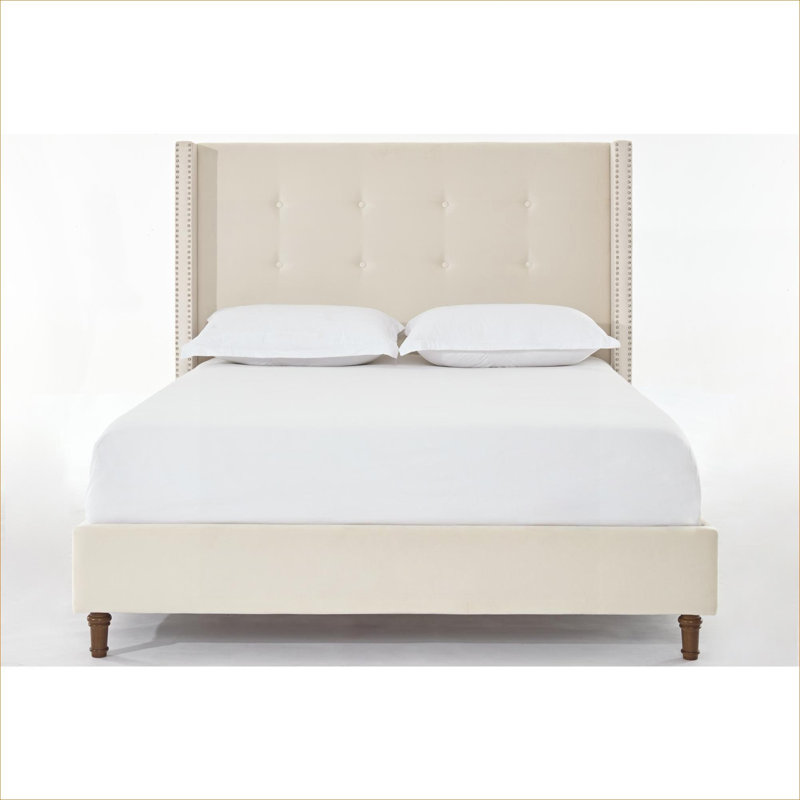 Grand lit plateforme tapissier à oreilles grand format, velours touffeté traditionnel, tête de lit haute de 54 pouces, finition beige