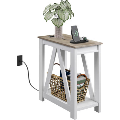 Narrow End Table With Charging Station And Storage Shelf,Farmhouse Slim Sofa Side Table With 2 USB Ports And 2 Power Outlets by Gracie Oaks