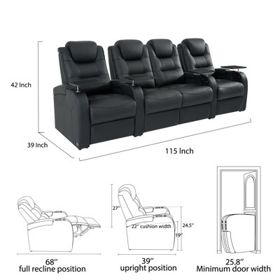 Dual Power Top Grain Leather Home Theater Recliner with USB & Type-C Charging Ports