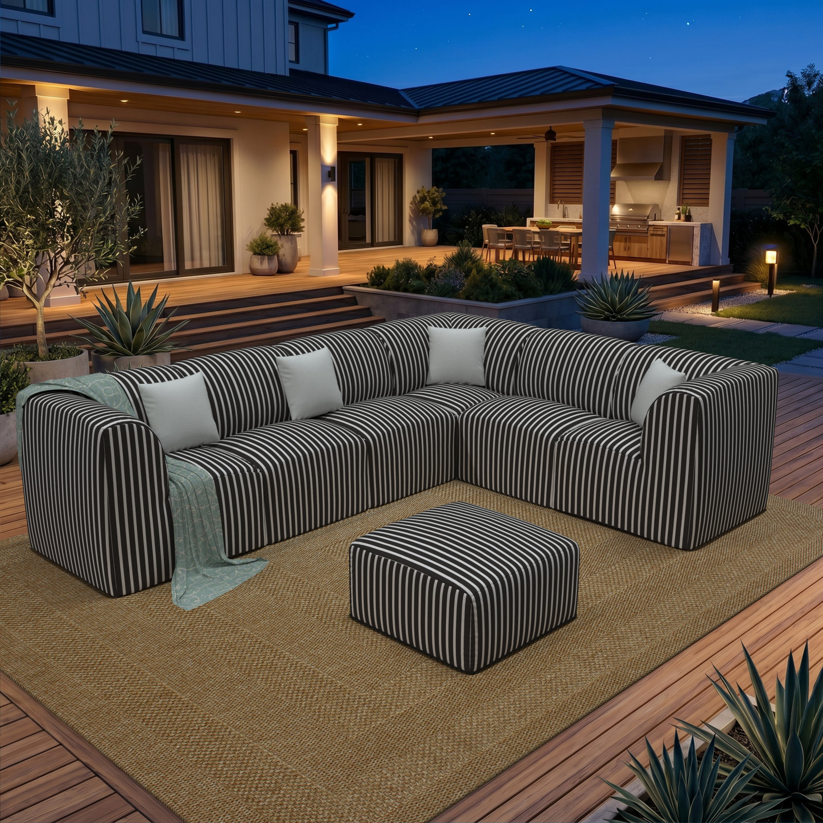Eliana 124" Sunbrella® Patio Sectional, Shore Classic Black Stripe Sunbrella®
