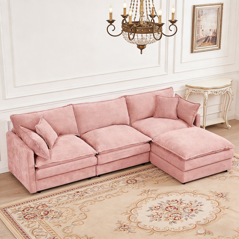 102" Modular L-Shaped Sectional Sofa, 3-Seater Cloud Couch With Ottoman, Pink
