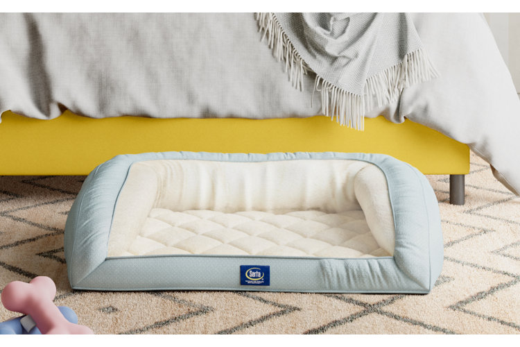 yellow dog bed at the end of an upholstered bed
