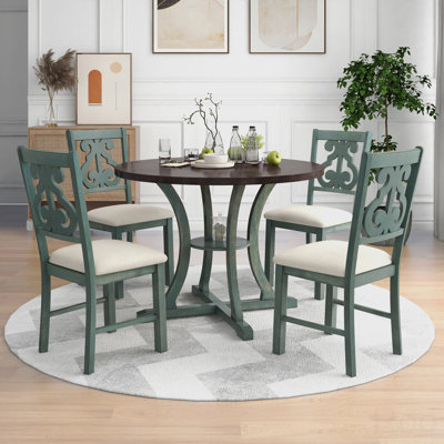 Table de salle à manger 5 pièces et 4 chaises en tissu avec pieds de table et tablette de rangement