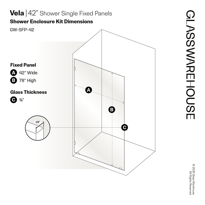 Vela 42 in. x 78 in. Fully Frameless Single Fixed Shower Panel, Polished Nickel