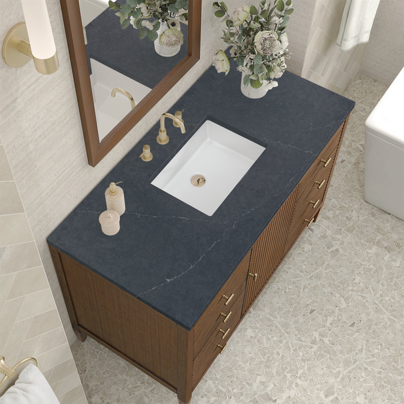 Myrrin 48'' W Single Vanity, Mid-Century Walnut, Charcoal Soapstone, 8" Widespread