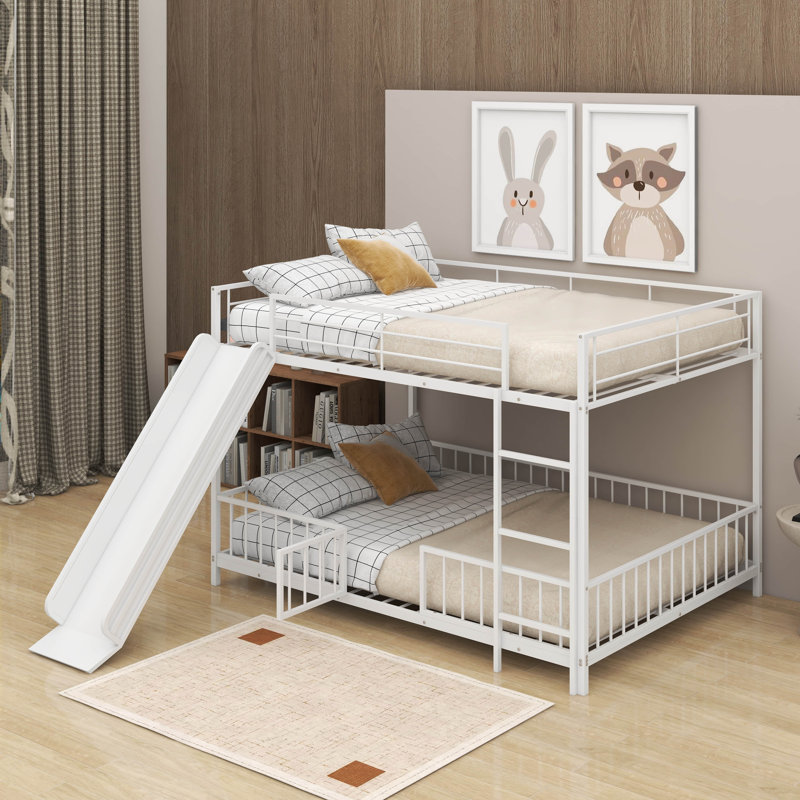 Metal Bunk Bed With Slide And Guardrails, Full Over Full, White