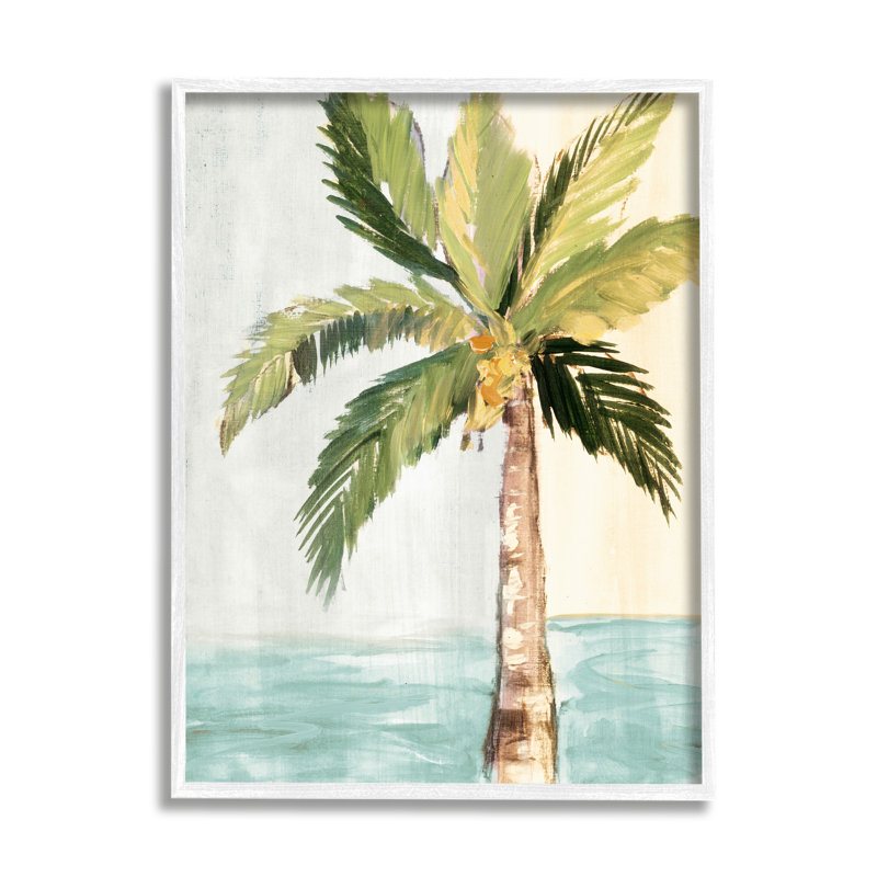 Palmier avec feuilles tropicales brise d'été, L 24 po x H 30 po, Giclée encadrée blanc bord de mer