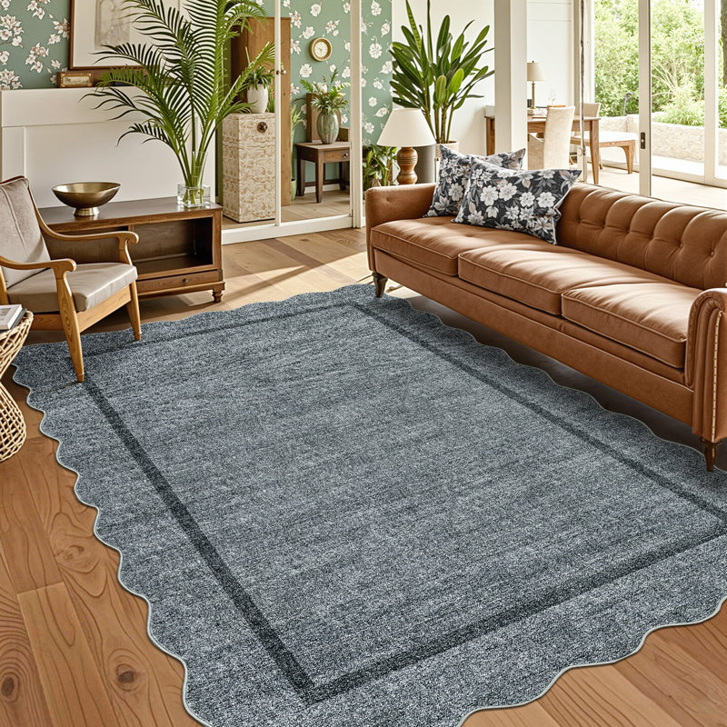 Scalloped Machine Washable Rug Non-Slip Bordered Floor Mats Non-Shedding Soft Low Pile Modern Accent Rugs for Living Room Bedroom Office
