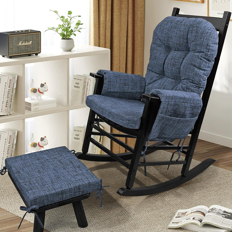 Glider Rocker Cushion Set (5 Pcs), Soft Blended Fabric High-density Support Foam Seat Cushions With Ties, Fits Rocking Chair/nursery Glider & Ottoman, Blue