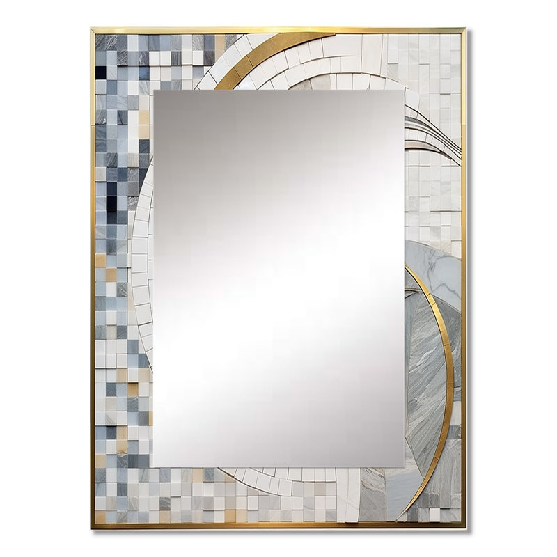 Grey and Yellow Mosaic II - Abstract Shapes Wall Mirror, Gray Decorative Mirror, Printed Metal Art, 32" x 24"