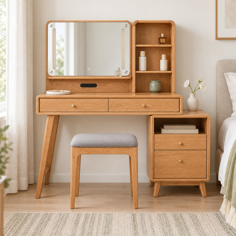 Natural Wood Makeup Vanity Set with Mirror, 4 Drawers, Open Shelves and Gray Upholstered Stool
