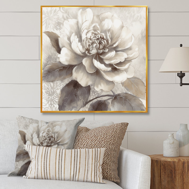 Pivoines grises sur branche II - art mural encadré de pivoines florales pour le salon, H 24 po x l 24 po, Cadre flottant doré