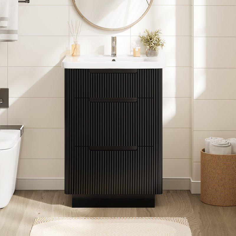24" Single Bathroom Vanity With Fluted Panel Design And  Ceramic Sink, Black
