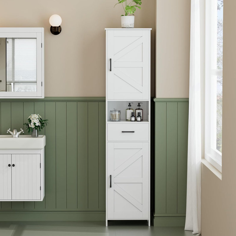 Armoire de rangement de 67 po de hauteur avec 2 portes de grange et 1 tiroir, unité de rangement étroite