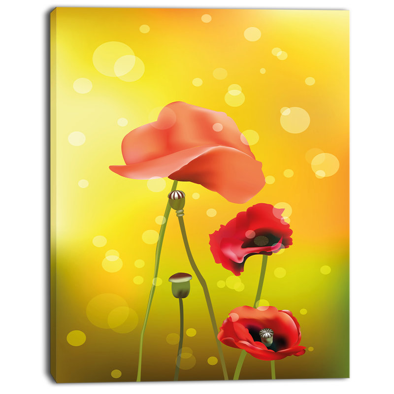 « red florals on yellow background », impression sur toile tendue, H 40 po x l 30 po x P 1 po