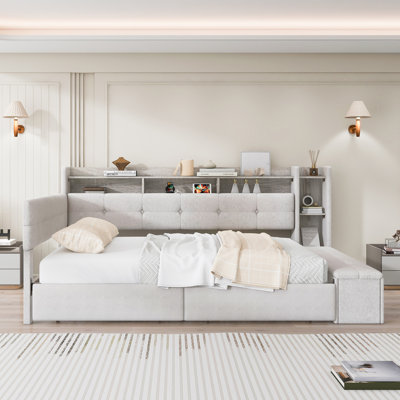 Lit de jour simple rembourré à lumière DEL avec repose-pieds avec rangement et 2 tiroirs et chargement USB