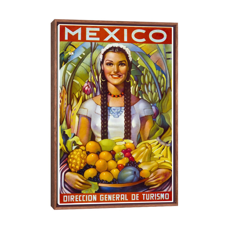 Mexique - impression d'art graphique, H 40 po x l 26 po x P 1,5 po, Toile avec cadre en bois brun