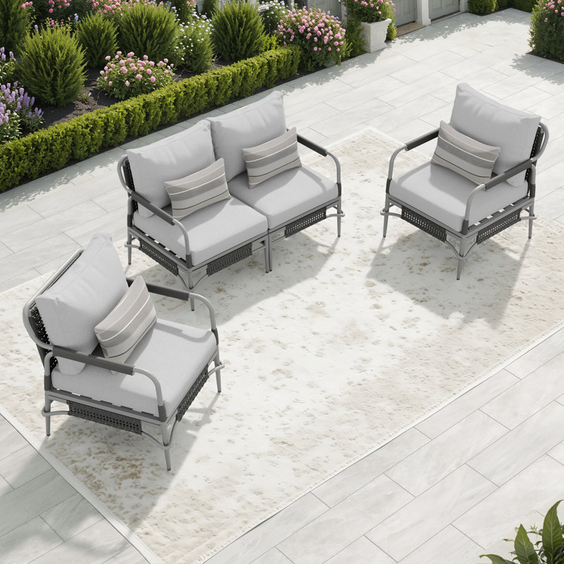 4 - Person Aluminum & Wicker Outdoor Sofa Seating Group With Cushions & Sunbrella Pillows, Polyester, Light Gray