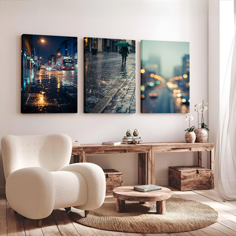 Ensemble de 3 tableaux sur toile représentant une scène de rue pluvieuse en ville, pour la décoration du salon, de la chambre et de la maison.
