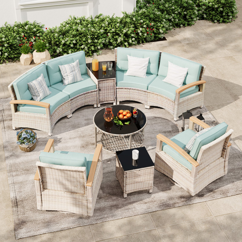 Meissalivve 9-Piece Half-Moon Curved Outdoor Patio Furniture Set, Sectional Conversation Sofa With 2 Swivel Glide Chairs, Coffee & Side Tables For Backyard Deck Garden, Blue