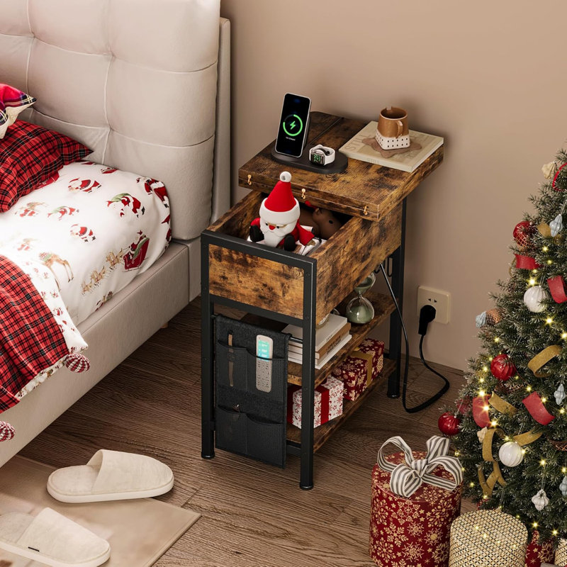 Flip Top End Table With Charging Station, USB Ports, Outlets, Fabric Bag, And Hooks, Space-Saving Nightstand For Living Room And Bedroom