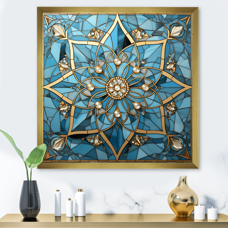 Art mural bleu et or mandala I, Cadre doré simple, H 36 po x l 36 po x P 1,5 po