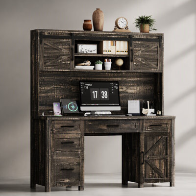 Farmhouse Executive Desk with Hutch and Charging Station, Computer Desk with 2 Sliding Barn Doors, 5 Drawers & Storage Cabinet with 3-Position Adjustable Shelf, Perfect for Home Office
