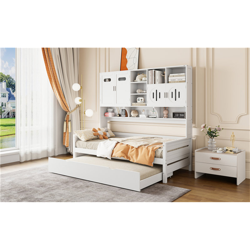 Wooden Daybed With   Trundle, Twin, White