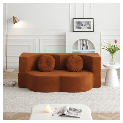 2-in-1 Folding Sofa Bed with Pillow, Twin Sleeper Floor Couch, Cotton Linen Foam Mattress for Living Room, Guest Room, Office, Orange, No Assembly Required